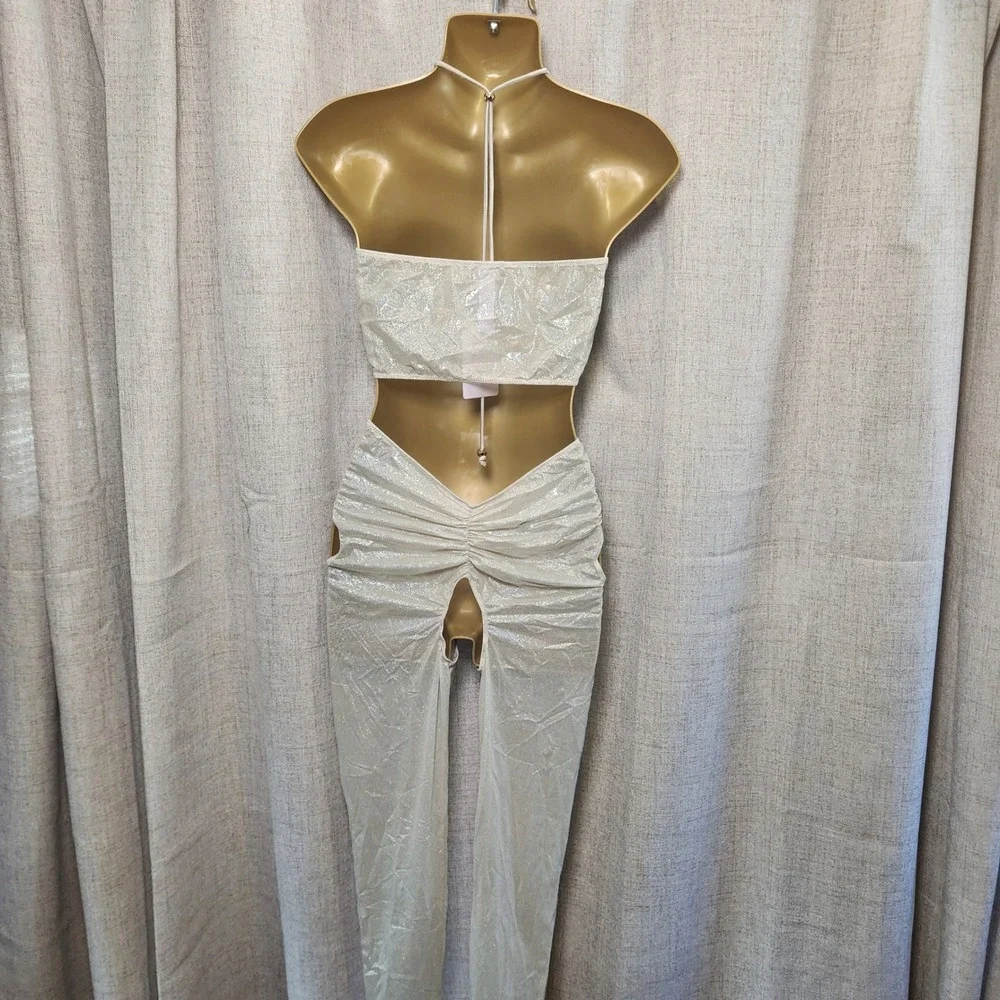 Savage X Fenty Small Gathered Mesh Crotchless Catsuit White Shimmer Gold Sheer‎